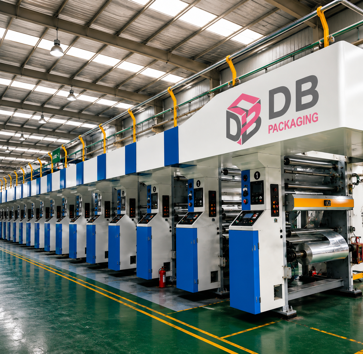 Large-scale industrial printing press at DB Packaging
