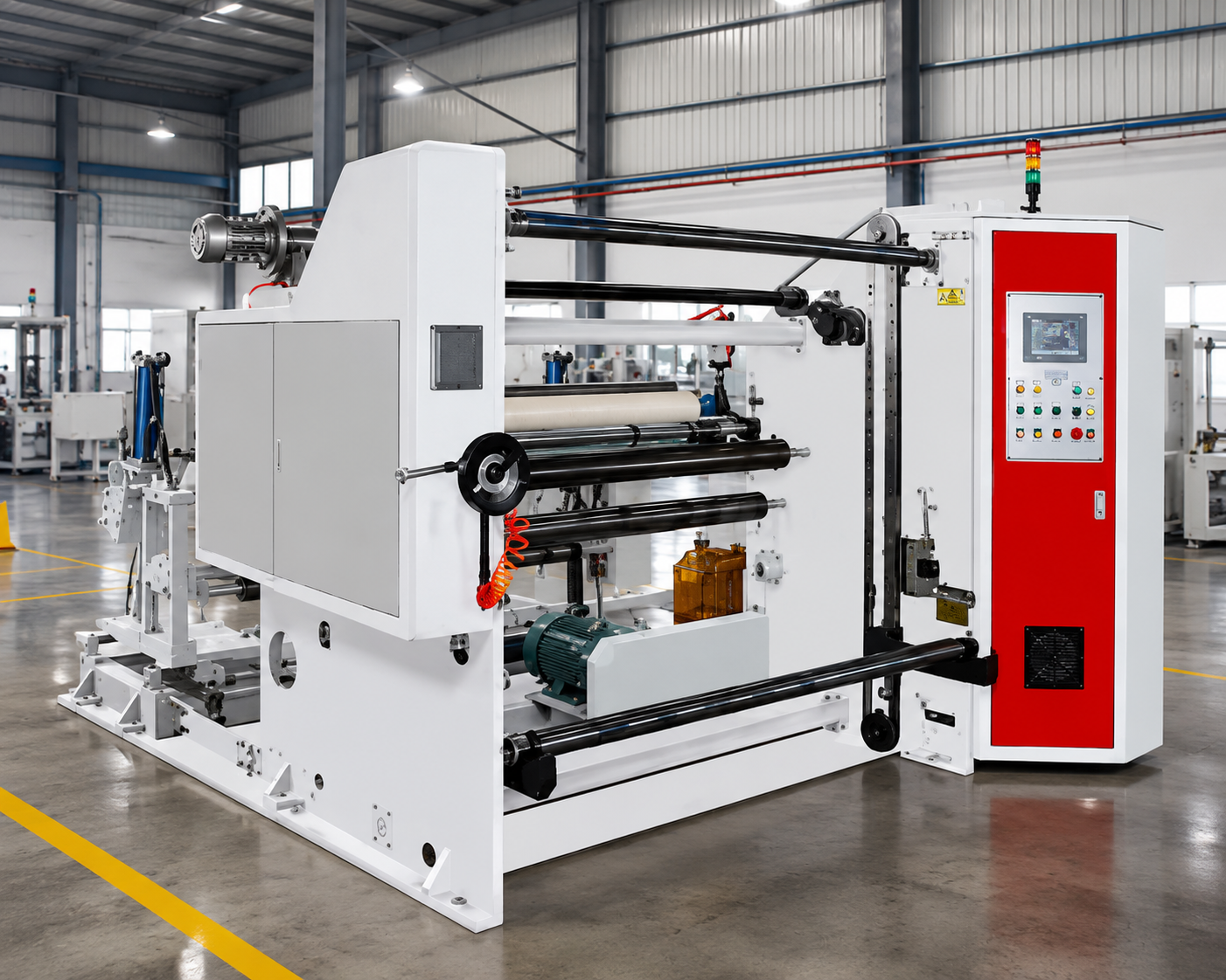 Slitting and rewinding machine on the plant floor