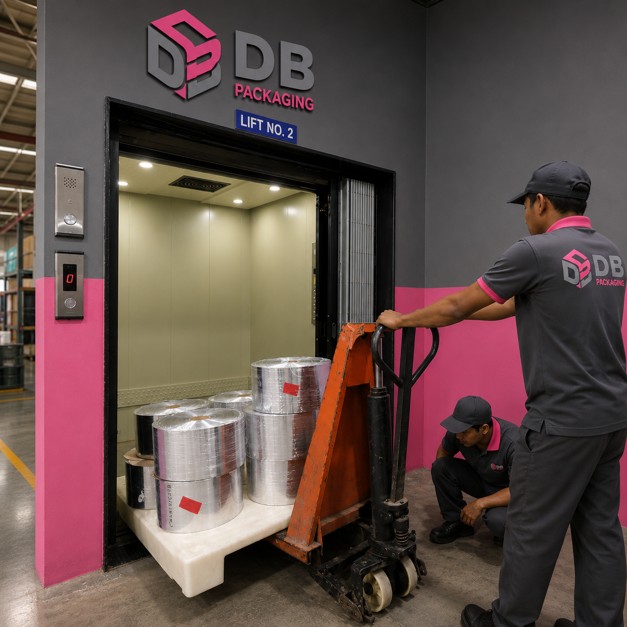 Workers moving packaging film rolls into a freight elevator
