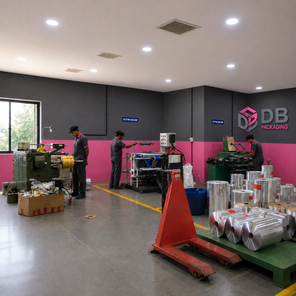 Manufacturing shop floor with slitting and cutting machines